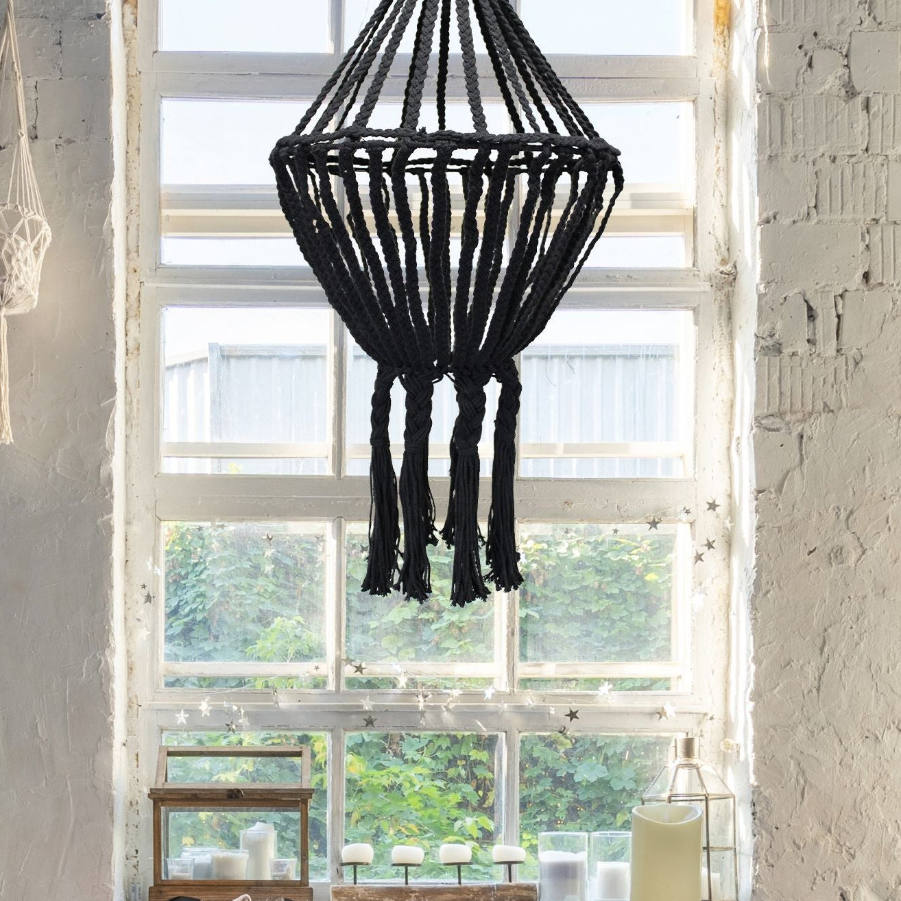 Handcrafted Macrame Soft Cotton Drop Chandelier - Black