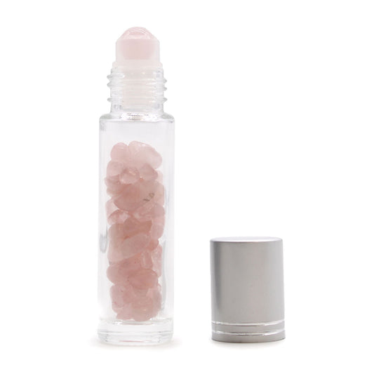 Rose Quartz 10ml gemstone roller bottle with silver cap and visible stone pieces, alternate product view from Quintessential Holistic Health.