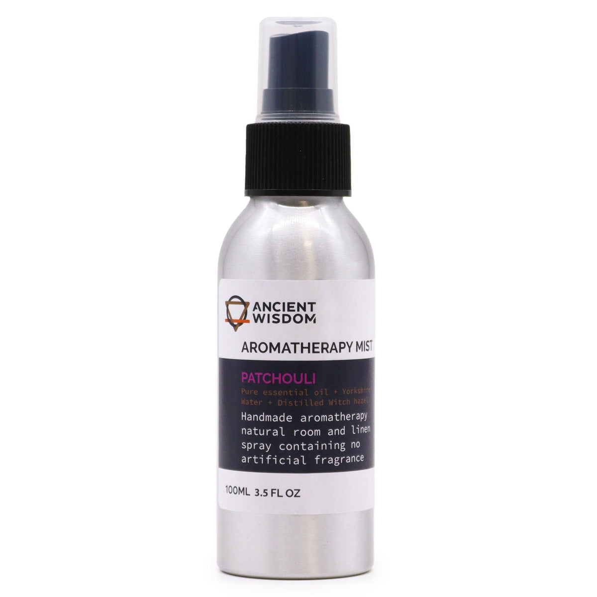 Patchouli 100ml essential oil mist in aluminium spray bottle, secondary detail view from Quintessential Holistic Health.