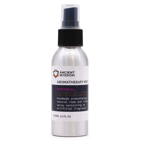 Patchouli 100ml essential oil mist in aluminium spray bottle, secondary detail view from Quintessential Holistic Health.