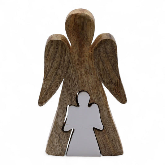 Hand Carved Mango Wooden Angel and Child - Centre / Natural / White Enamel