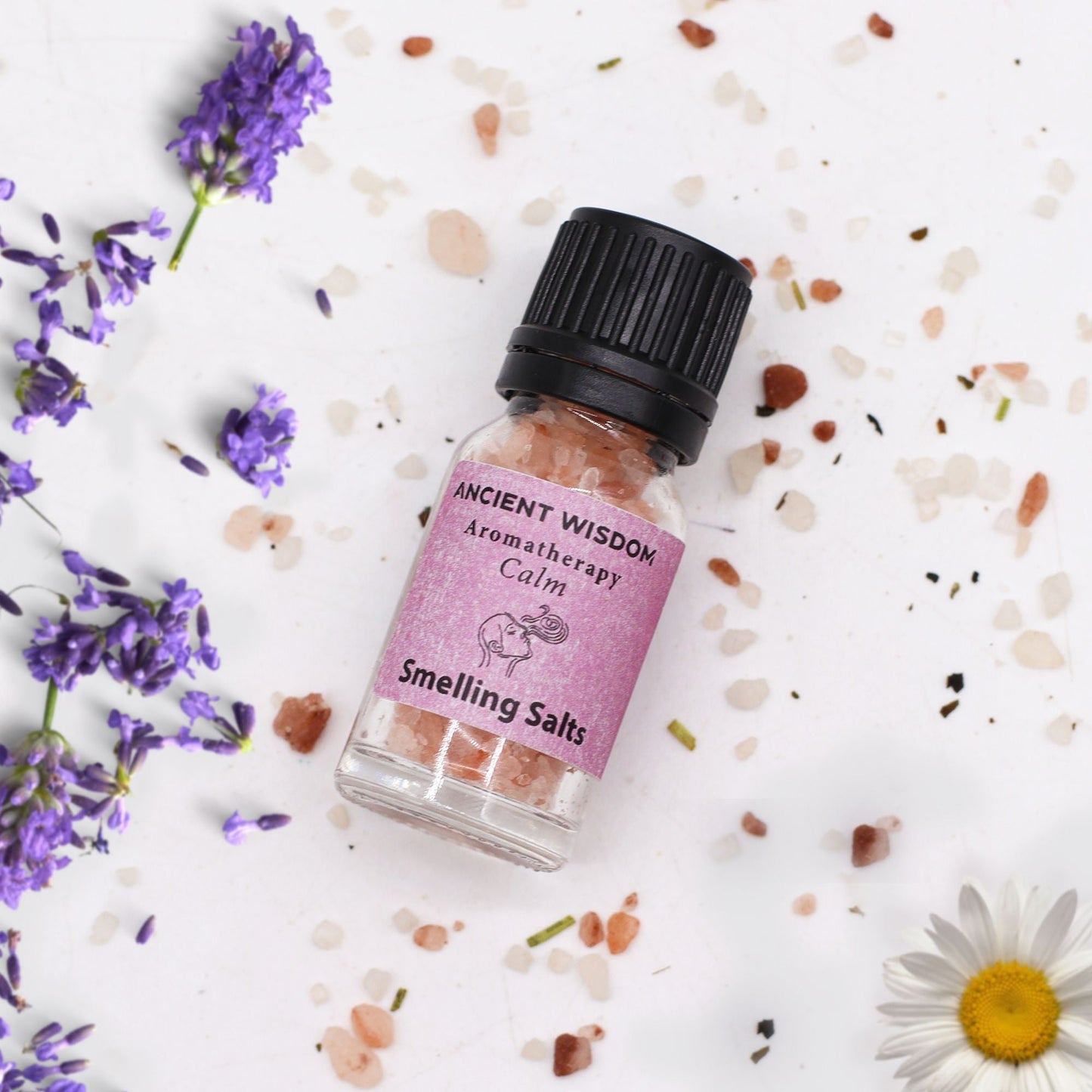 Calm aromatherapy smelling salts in screw-top bottle, secondary detail view from Quintessential Holistic Health.