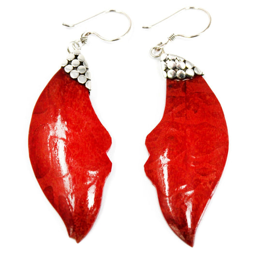 Handmade Red Coral Resin and 925 Silver Earrings - Leaf Drop