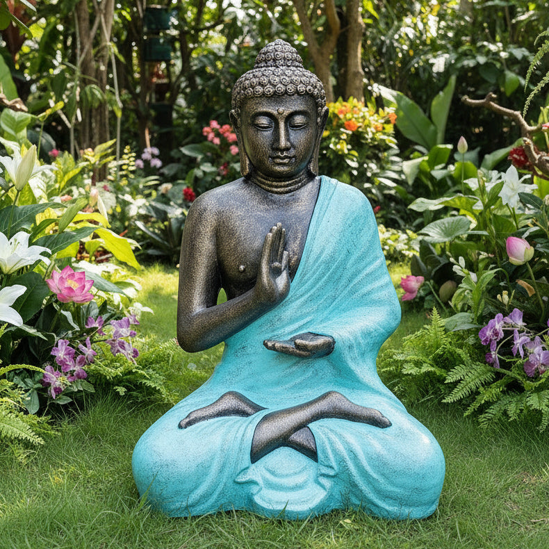 Handmade Concrete and Resin Buddha Meditating in a Stupa Pose Statue - Medium / 1.5m Tall / Turquoise and Stone