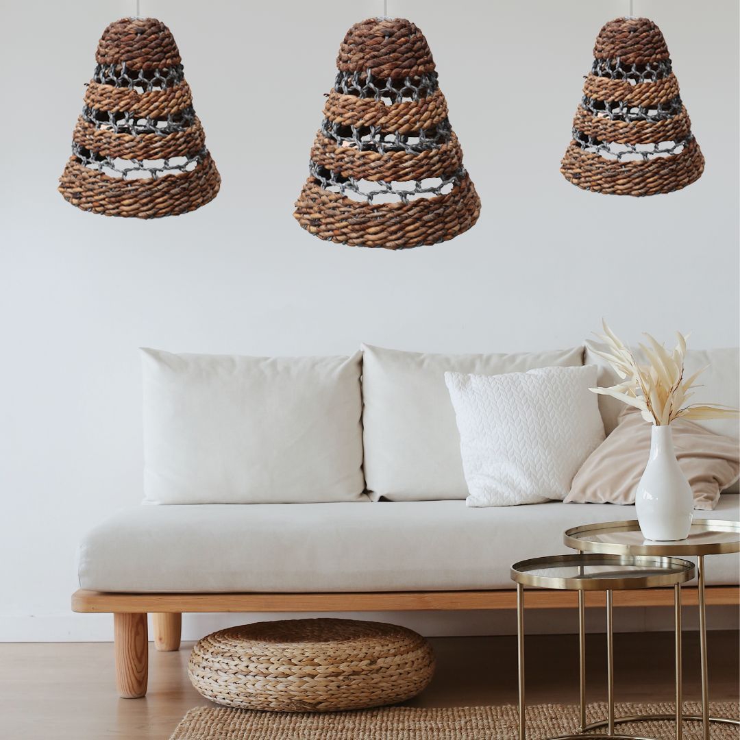 Set of 3 Handcrafted Banana Leaf and Hitam Raffia Lamp Shades - Natural