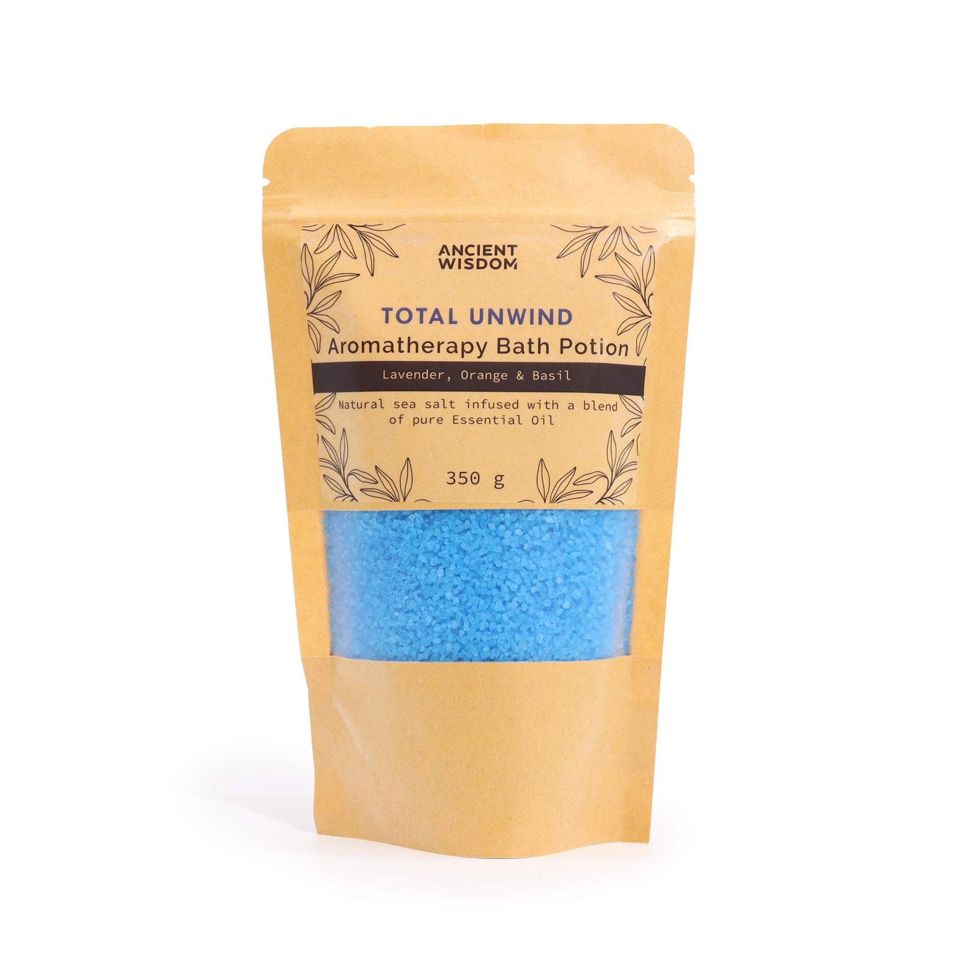 Aromatherapy Bath Potion - Kraft Bag - Total Unwind - 350g in a labelled kraft pouch with blue granules visible by Quintessential Holistic Health Ltd