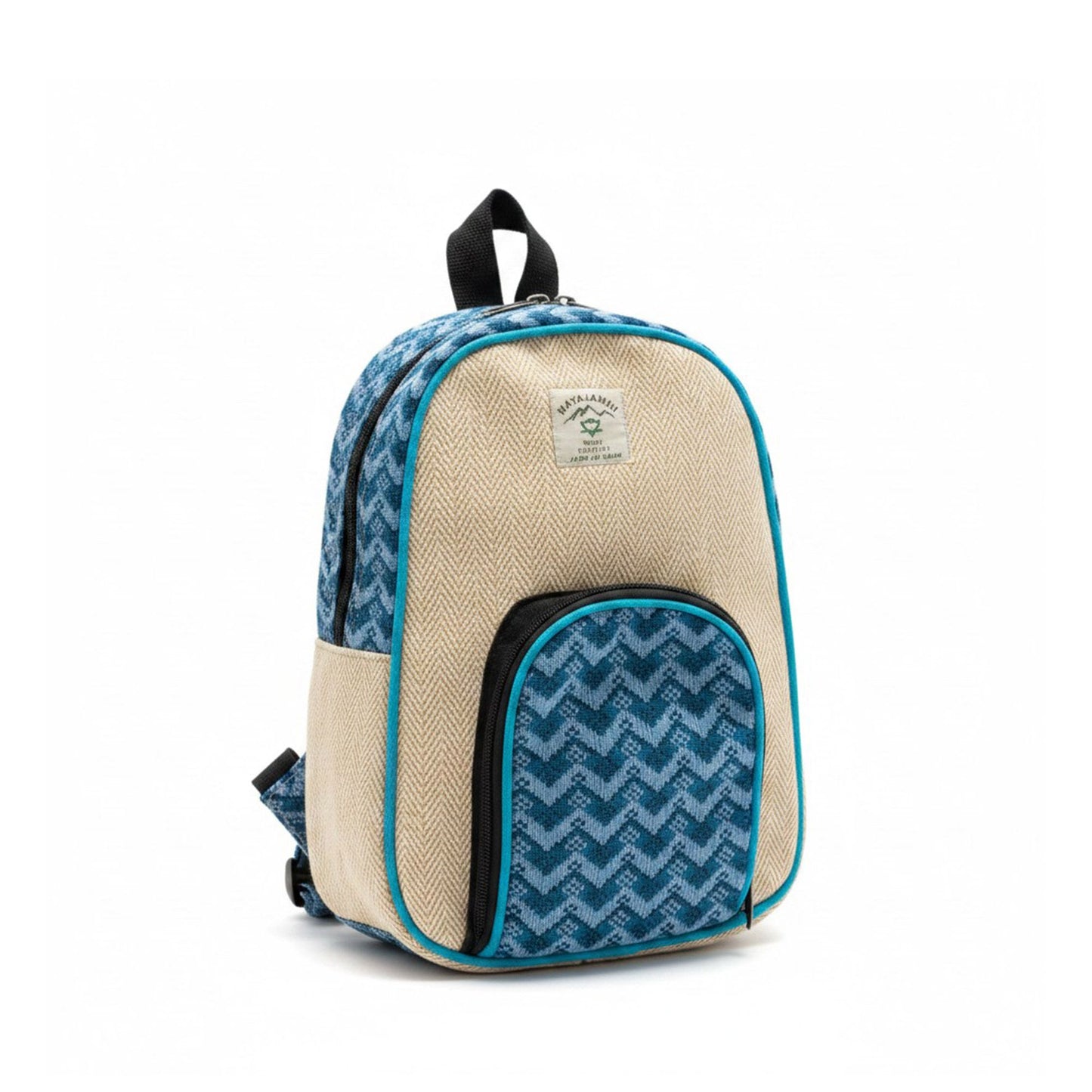 Medium Kathmandu hemp backpack with blue Dhaka design, main product view from Quintessential Holistic Health.