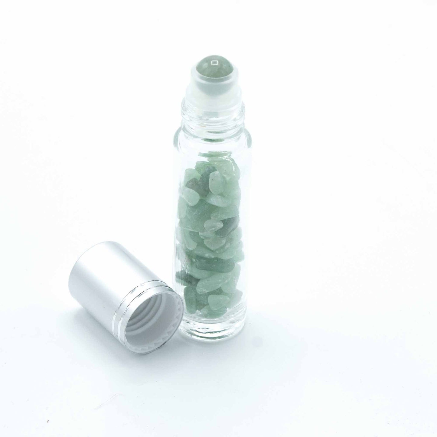 Aventurine 10ml gemstone roller bottle with silver cap and visible stone pieces, secondary detail view from Quintessential Holistic Health.