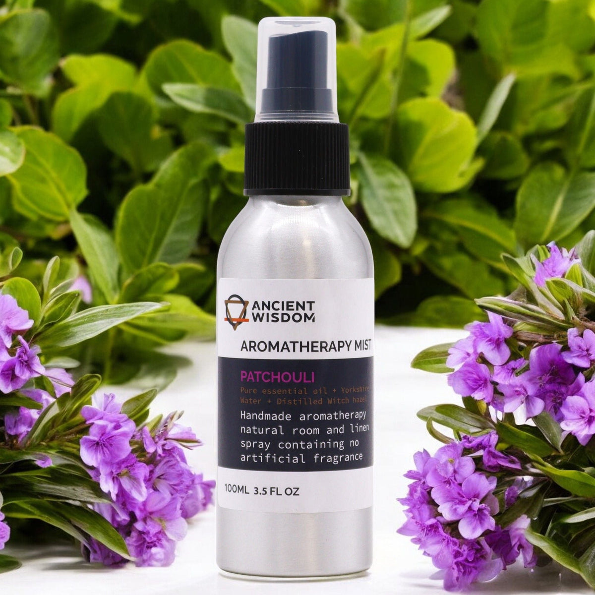 Patchouli 100ml essential oil mist in aluminium spray bottle, main product view from Quintessential Holistic Health.