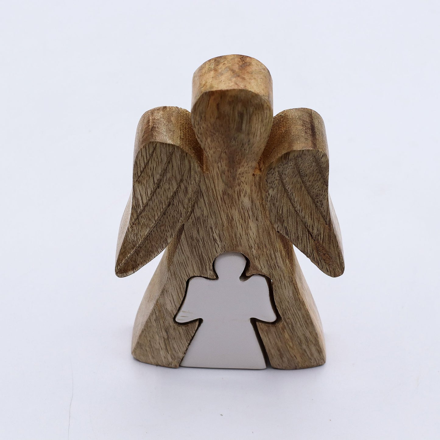 Hand Carved Mango Wooden Angel and Child - Centre / Natural / White Enamel