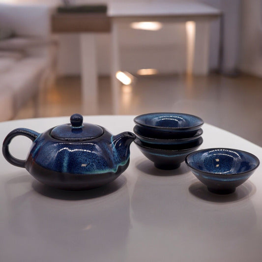 200ml Small Blue Glazed Ceramic Herbal Teapot with a 4 Matching Cup Set