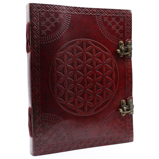 Handmade Leather-Bound Eco-Friendly Journal with Metal Clasps - Extra Large / Burgundy / Flower of Life