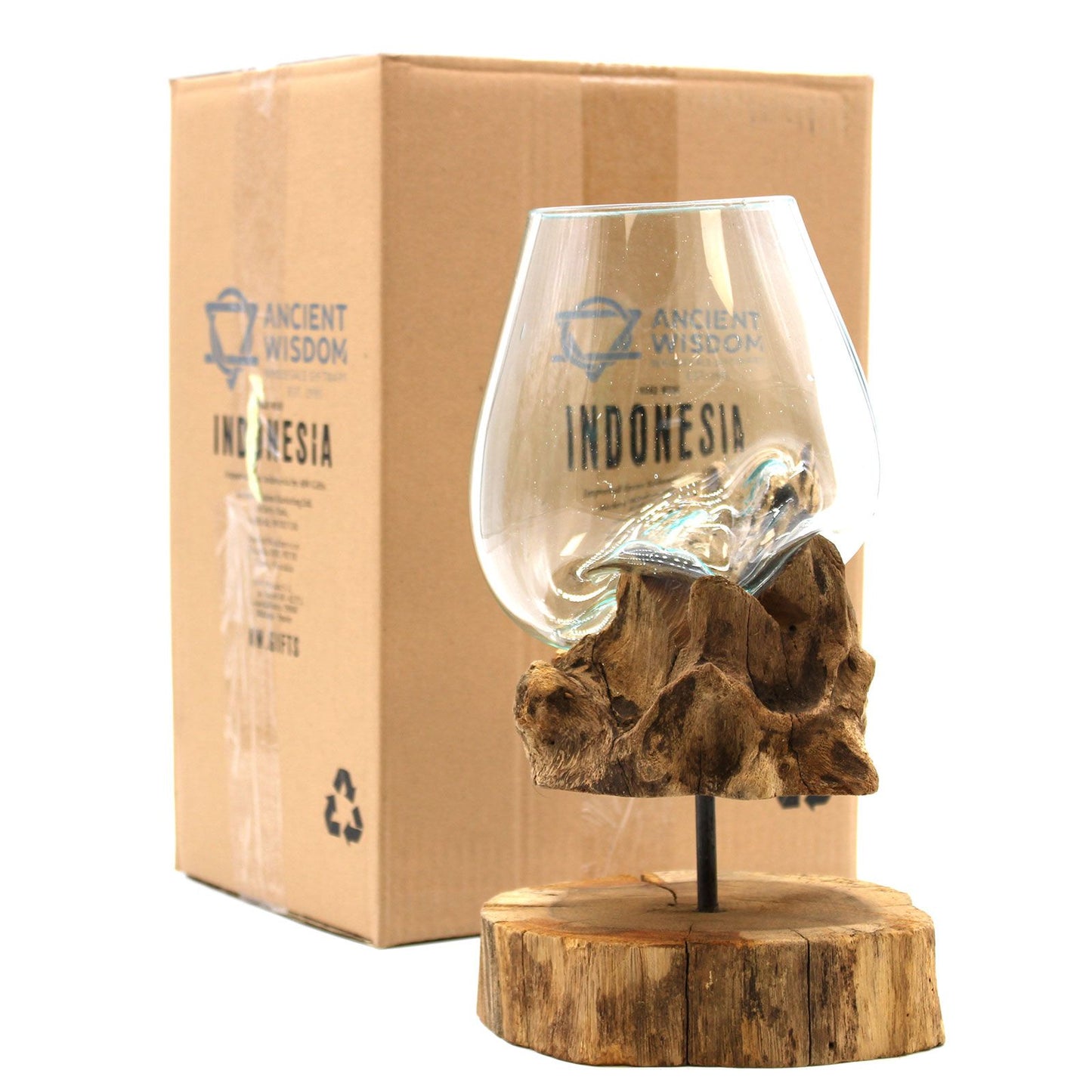 Handmade Molten Recycled Glass Vase on Wood Stand - Large / Oval / Clear / Light Blue