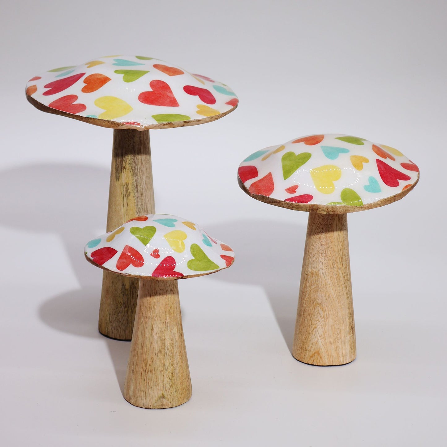 Handcrafted Enamel Wooden Mushroom - Large / Pastel Hearts