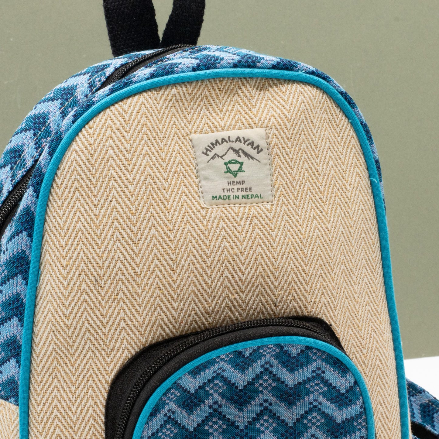 Medium Kathmandu hemp backpack with blue Dhaka design, alternate product view 4 from Quintessential Holistic Health.
