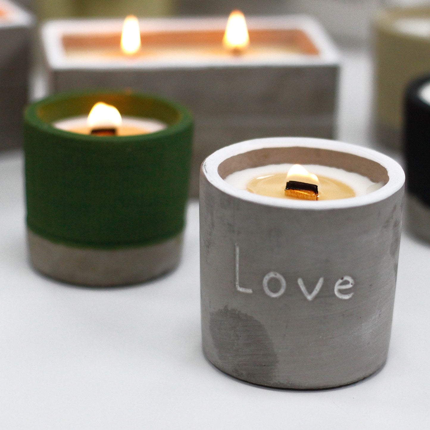Concrete Wooden Wick Soy Candle Holder - Medium / Round / Love / Purple Fig and Casis