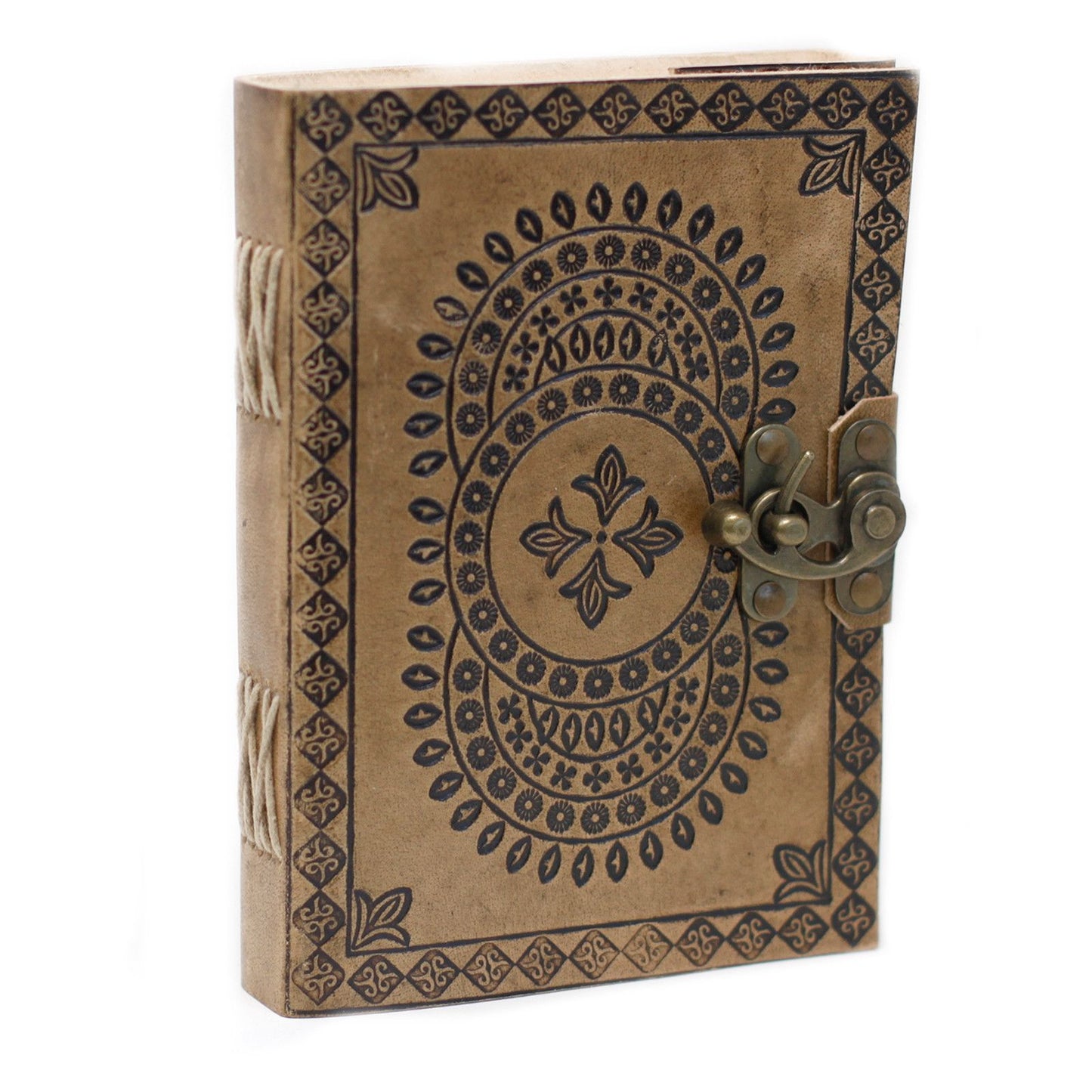 Handmade Leather-Bound Eco-Friendly Notebook with Metal Clasp - Medium / Tan and Blue / Mandala