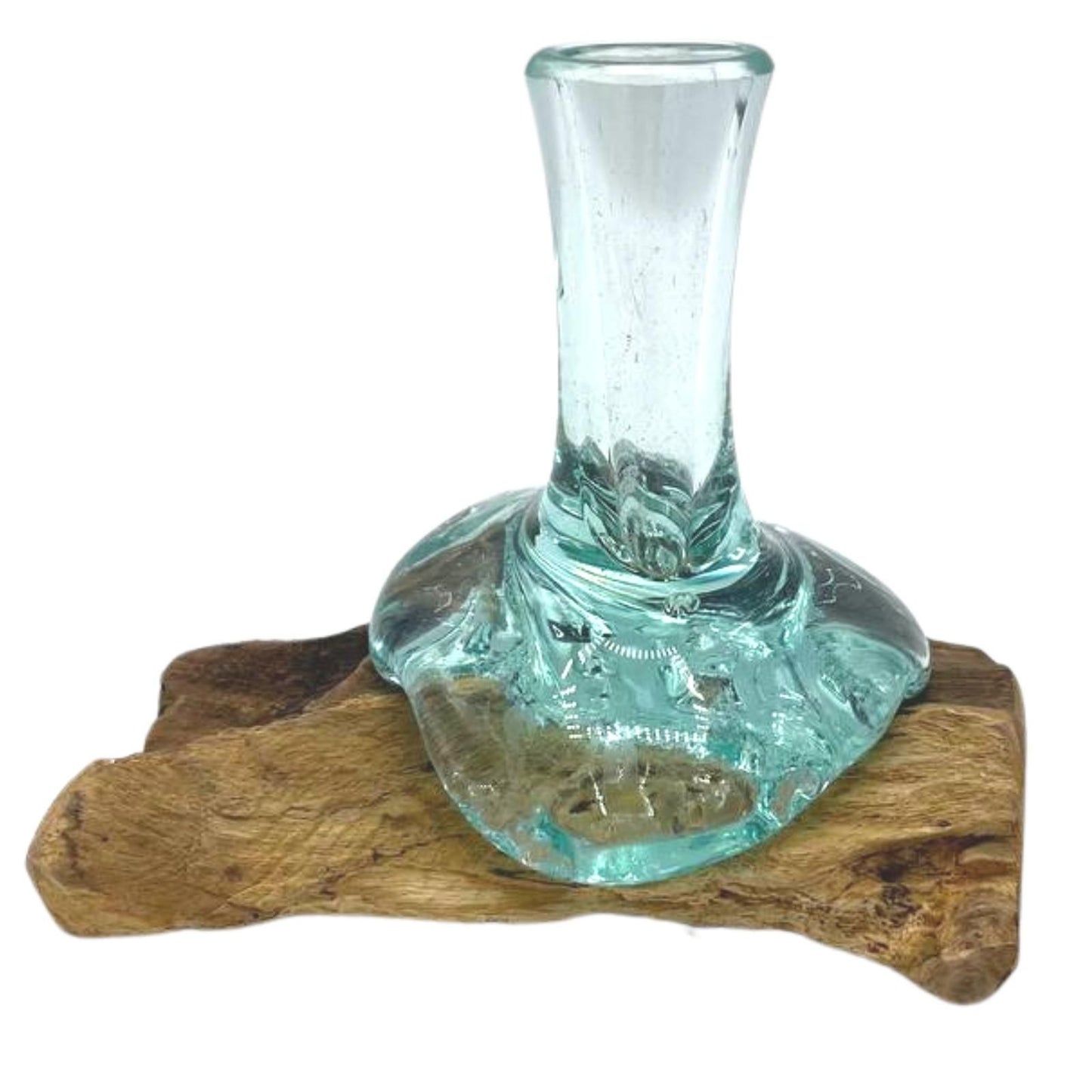 Handmade Molten Recycled Glass Flower Vase on Wood - Small / Clear / Light Blue