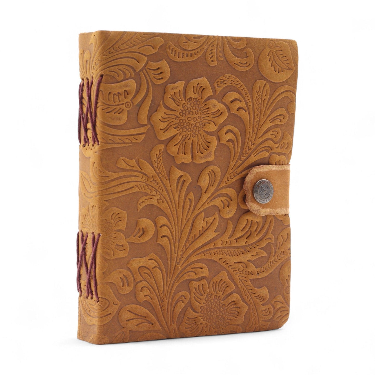 Handmade Leather-Bound Eco-Friendly Notebook with Strap - Medium / Tan / Flower