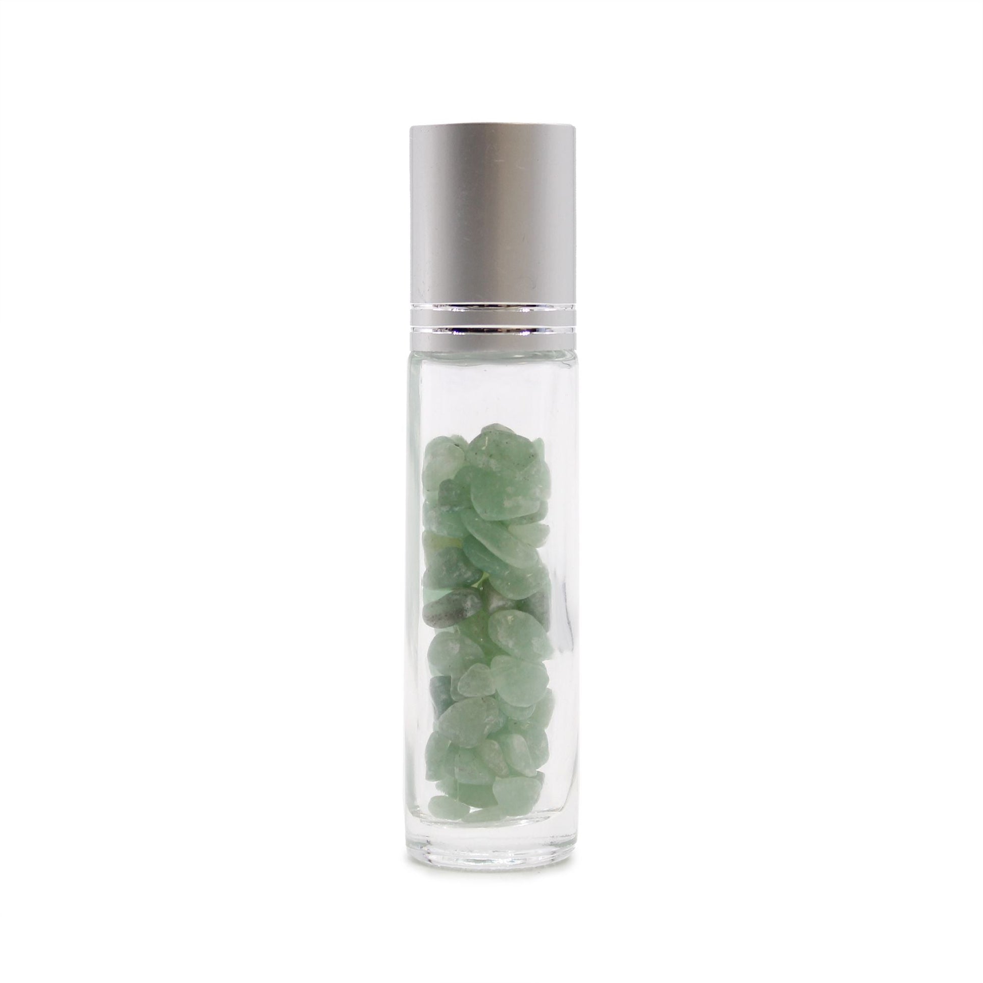 Aventurine 10ml gemstone roller bottle with silver cap and visible stone pieces, main product view from Quintessential Holistic Health.
