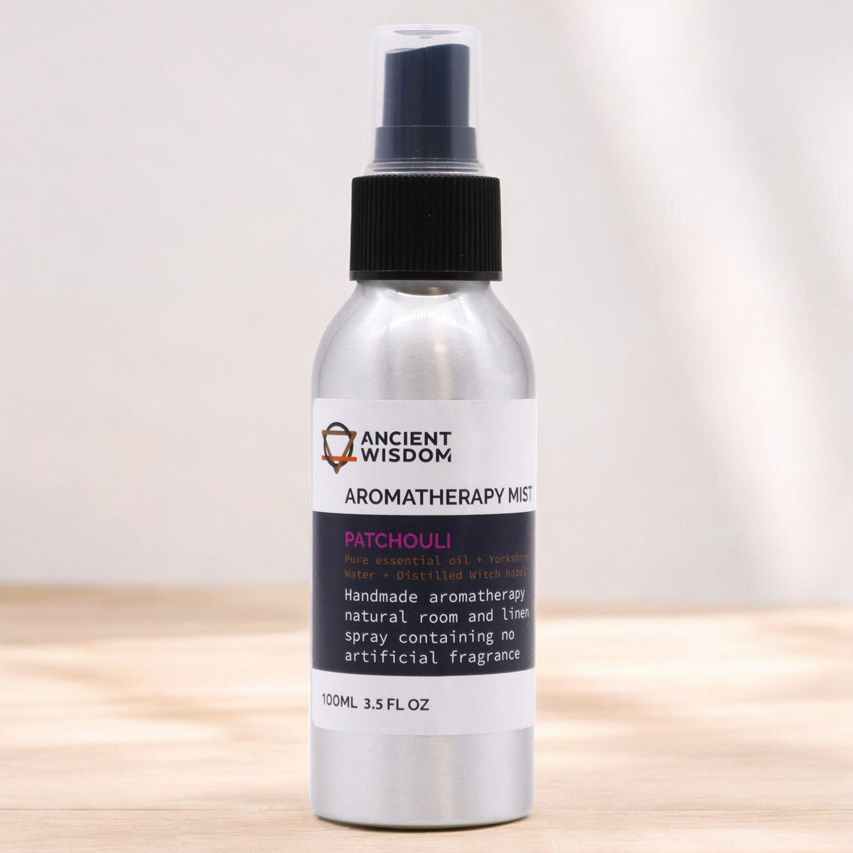 Patchouli 100ml essential oil mist in aluminium spray bottle, alternate product view from Quintessential Holistic Health.