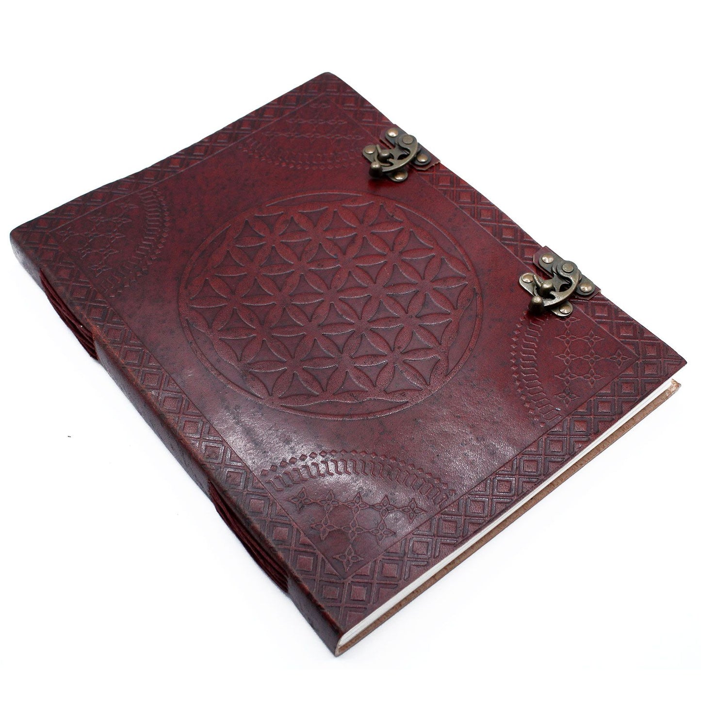 Handmade Leather-Bound Eco-Friendly Journal with Metal Clasps - Extra Large / Burgundy / Flower of Life