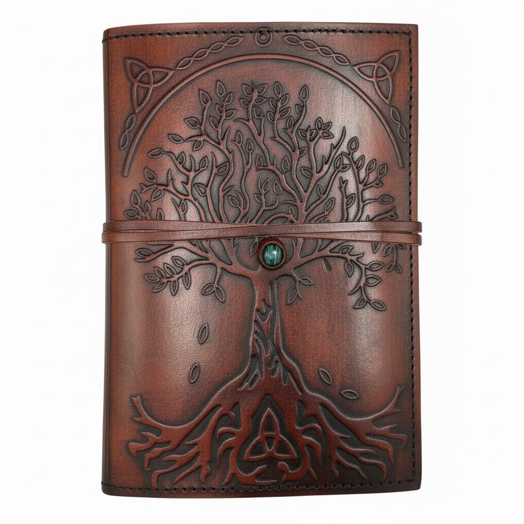 Handmade Leather-Bound Eco-Friendly Notebook with Wrap - Medium / Brown / Tree of Life