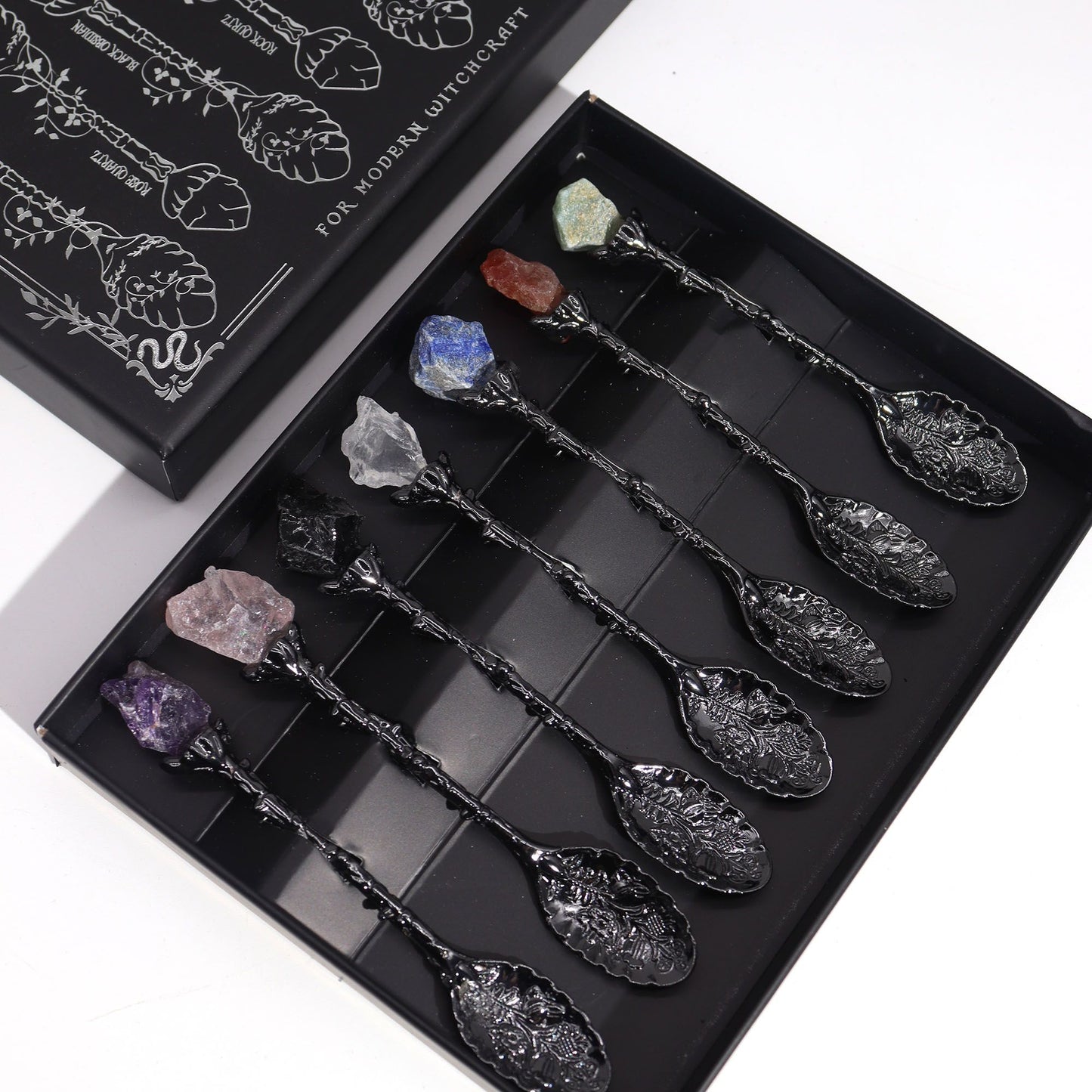 Set of 7 Gemstone Crystal Witches Spoons - Dark Silver