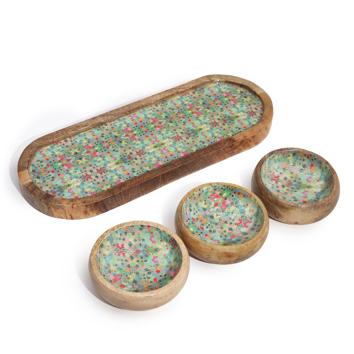 Mango Wood Tray and Bowl Set - Mediterranean Green