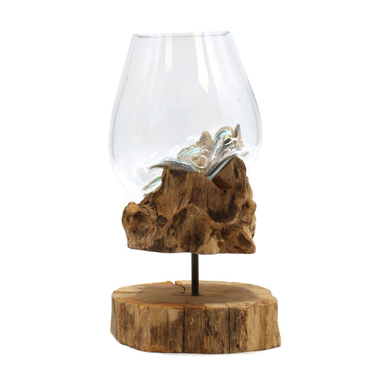 Handmade Molten Recycled Glass Vase on Wood Stand - Large / Oval / Clear / Light Blue