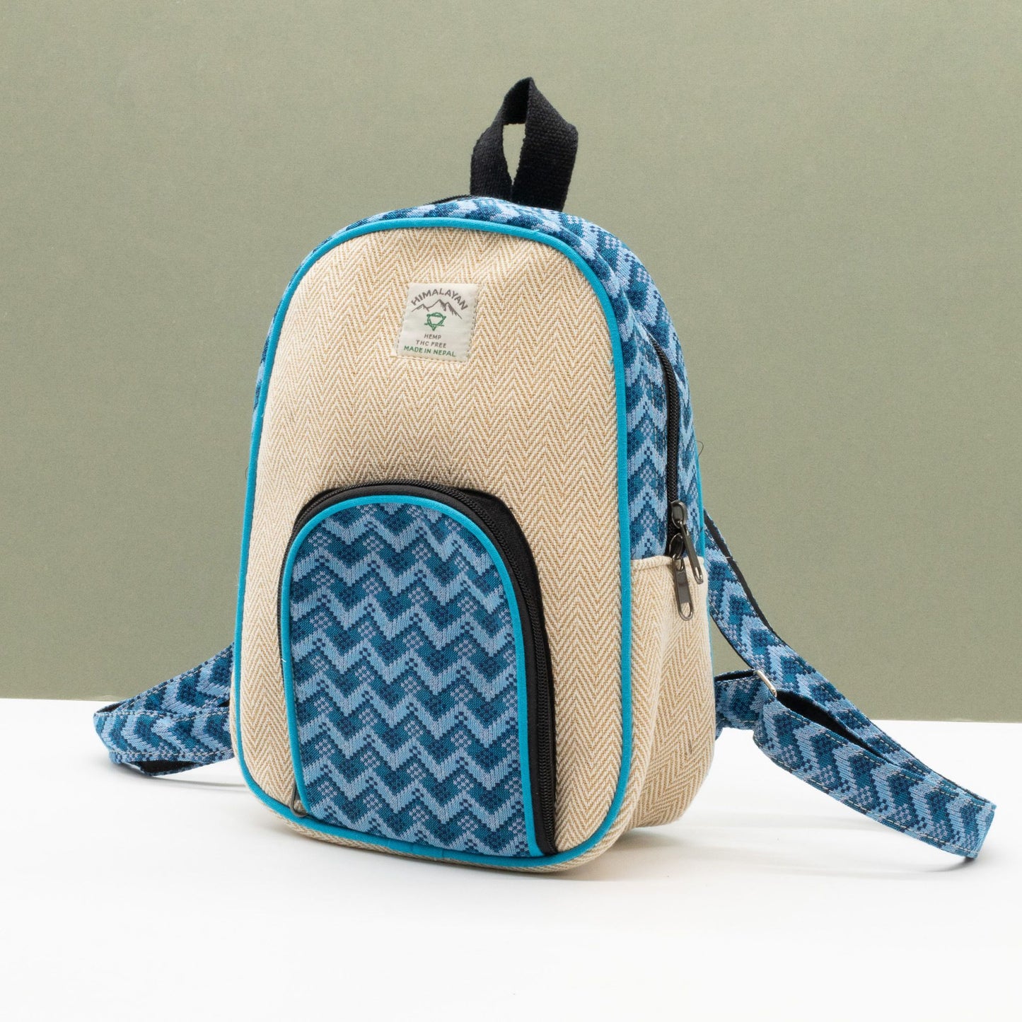 Medium Kathmandu hemp backpack with blue Dhaka design, alternate product view 2 from Quintessential Holistic Health.