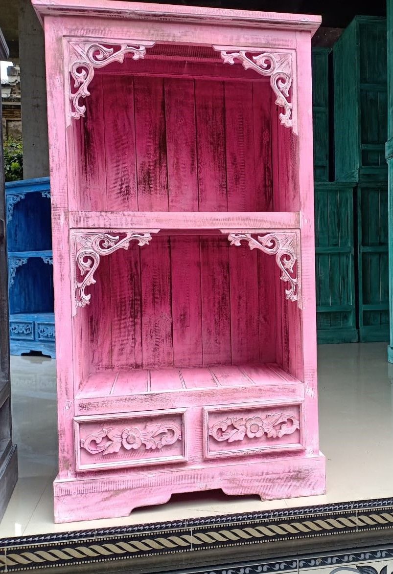 Hand Painted Albasia Wooden Bathroom Cabinet - Pinkwash