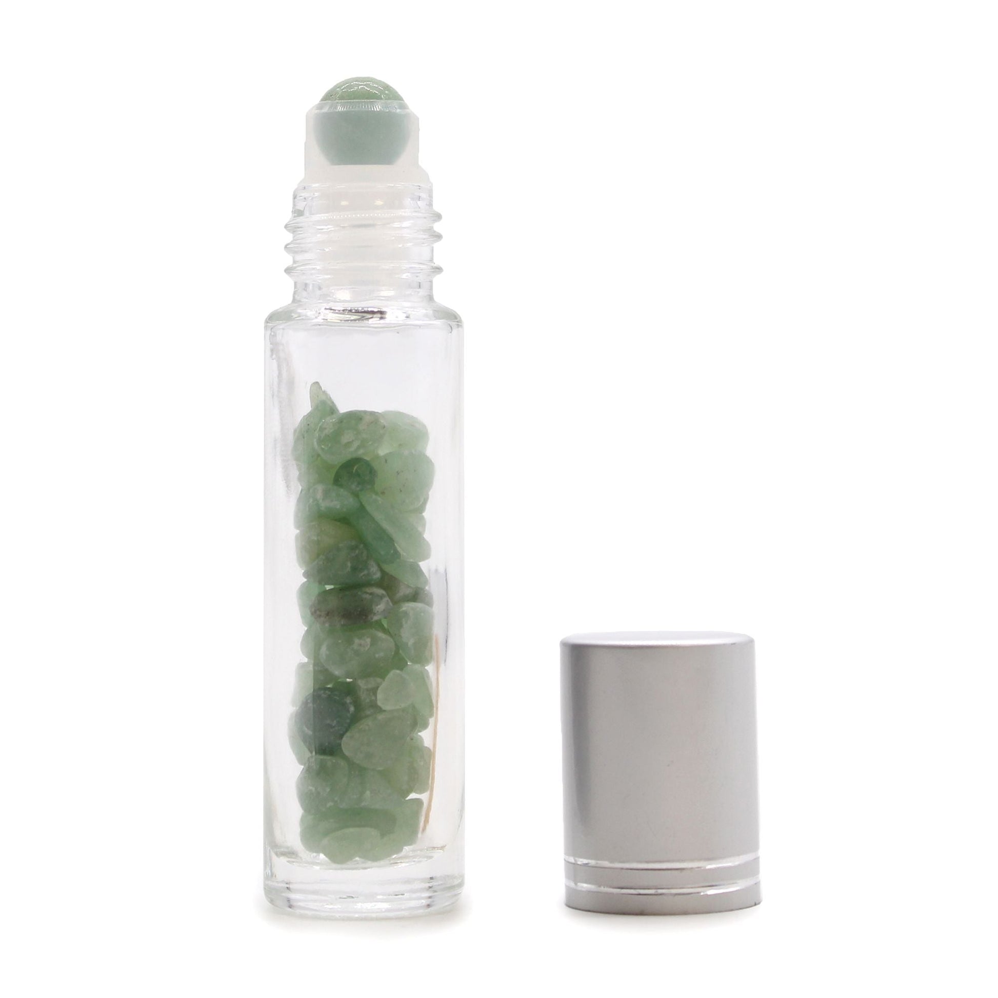 Aventurine 10ml gemstone roller bottle with silver cap and visible stone pieces, product detail view from Quintessential Holistic Health.