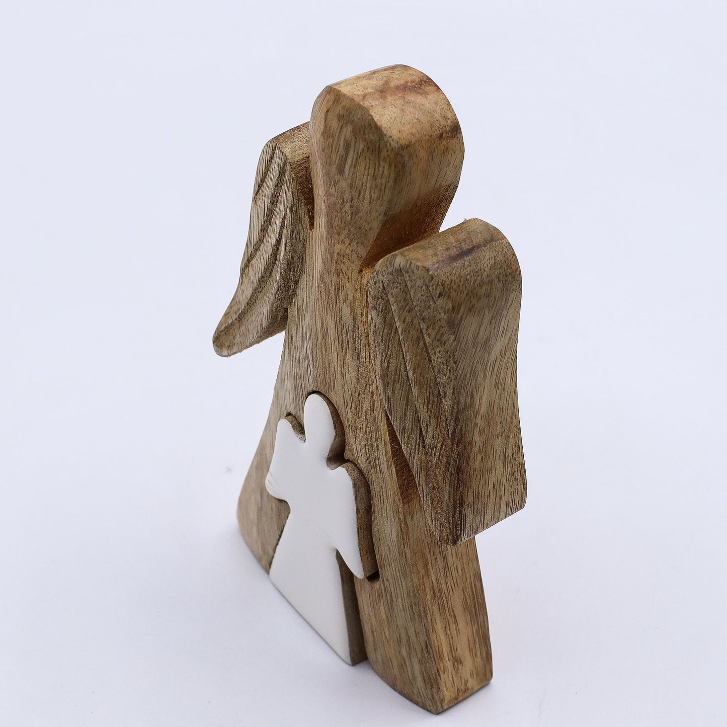 Hand Carved Mango Wooden Angel and Child - Centre / Natural / White Enamel