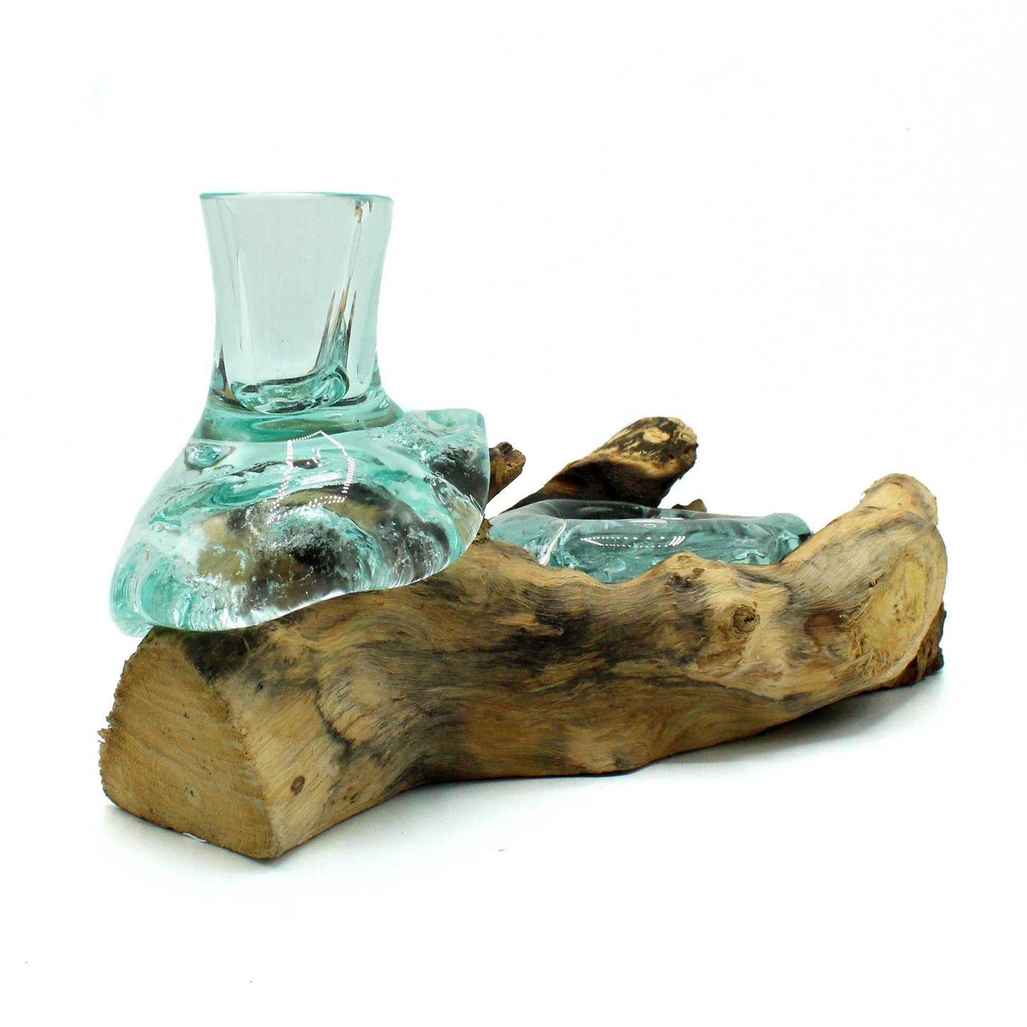 Handmade Molten Recycled Vase and Glass Candle Holder on Wood - Single / Round / Clear / Light Blue