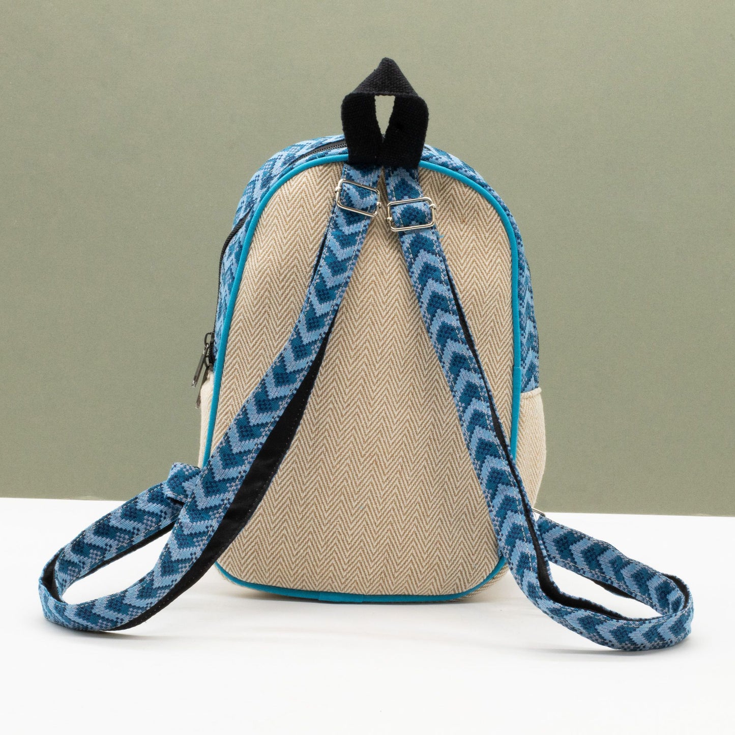 Medium Kathmandu hemp backpack with blue Dhaka design, alternate product view 11 from Quintessential Holistic Health.