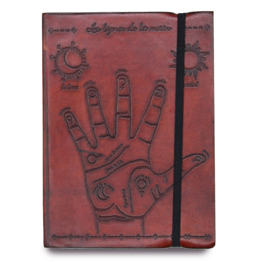 Handmade Vegetable Tanned Leather-Bound Eco-Friendly Notebook with Wrap - Medium / Burgundy / Palmistry