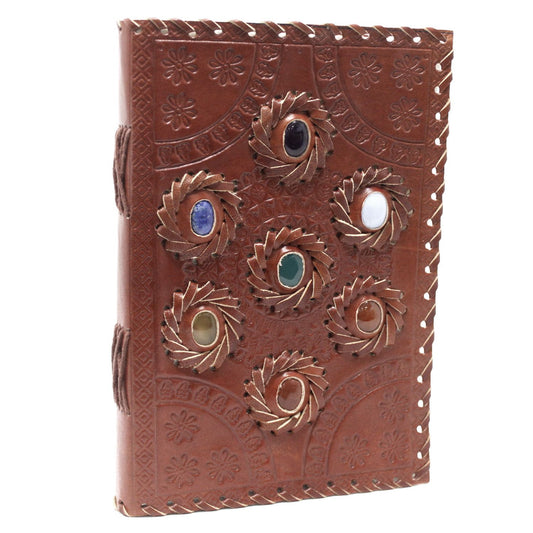 Handmade Leather-Bound Eco-Friendly Notebook - Large / Brown / Seven Chakra Stones
