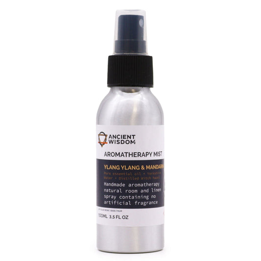 Ylang Ylang & Mandarin 100ml essential oil mist in aluminium spray bottle, product detail view from Quintessential Holistic Health.