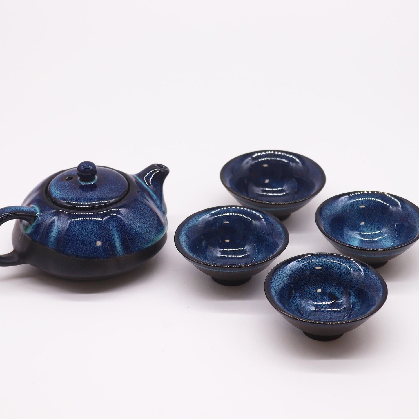 200ml Small Blue Glazed Ceramic Herbal Teapot with a 4 Matching Cup Set
