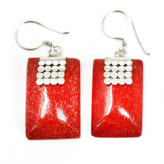 Handmade Red Coral Resin and 925 Silver Earrings - Mini Rectangles