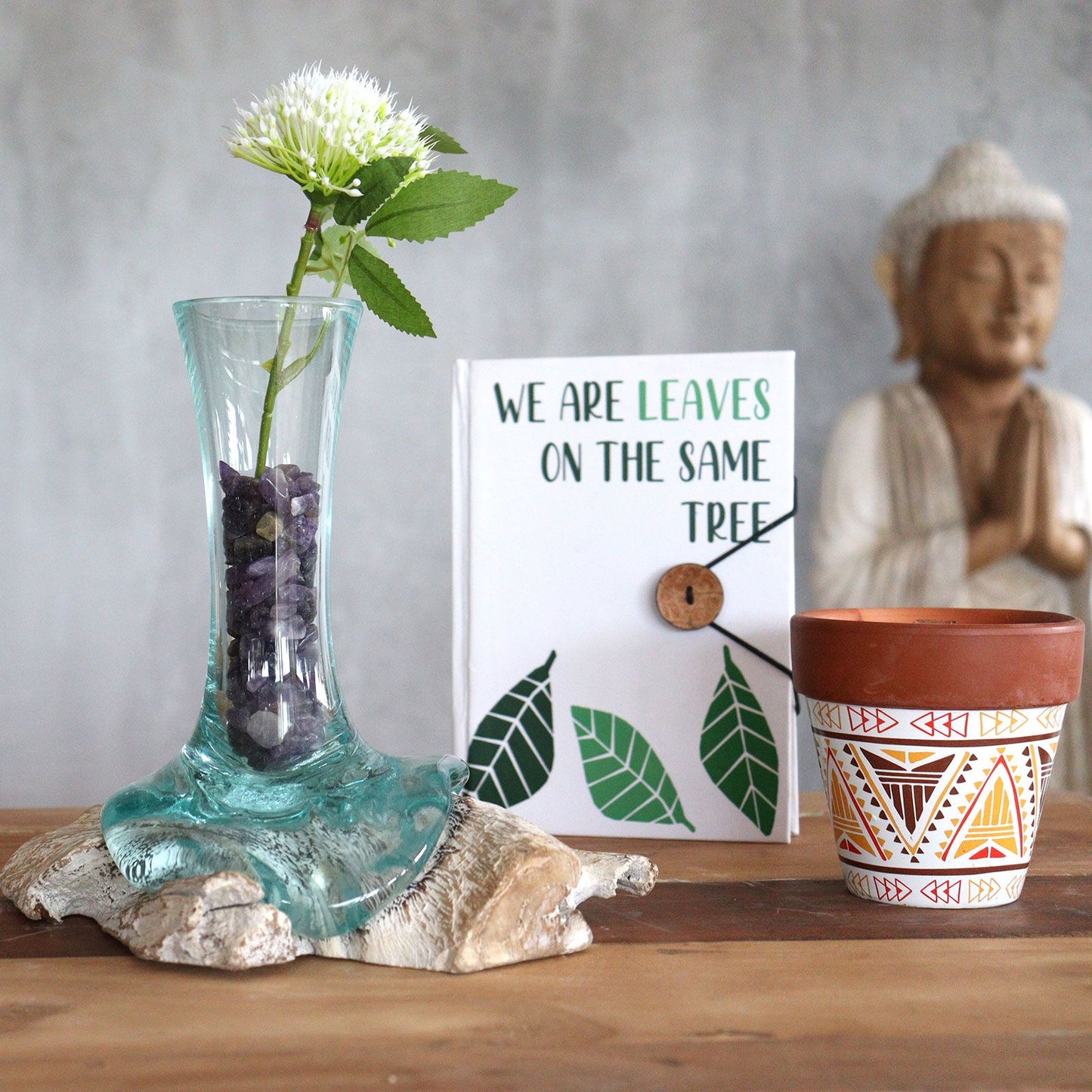 Handmade Molten Recycled Glass Flower Vase on Wood - Medium / Clear / Light Blue / Whitewash