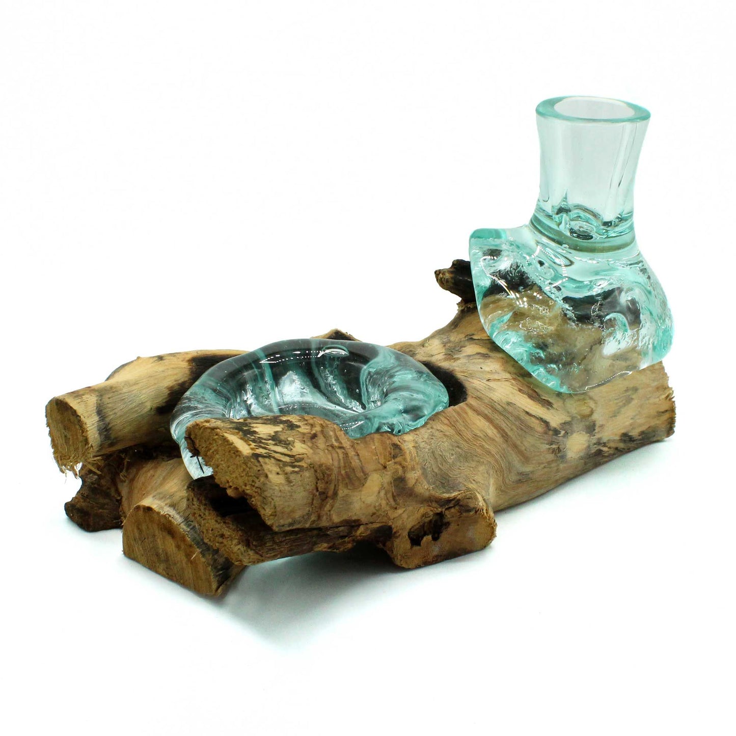 Handmade Molten Recycled Vase and Glass Candle Holder on Wood - Single / Round / Clear / Light Blue
