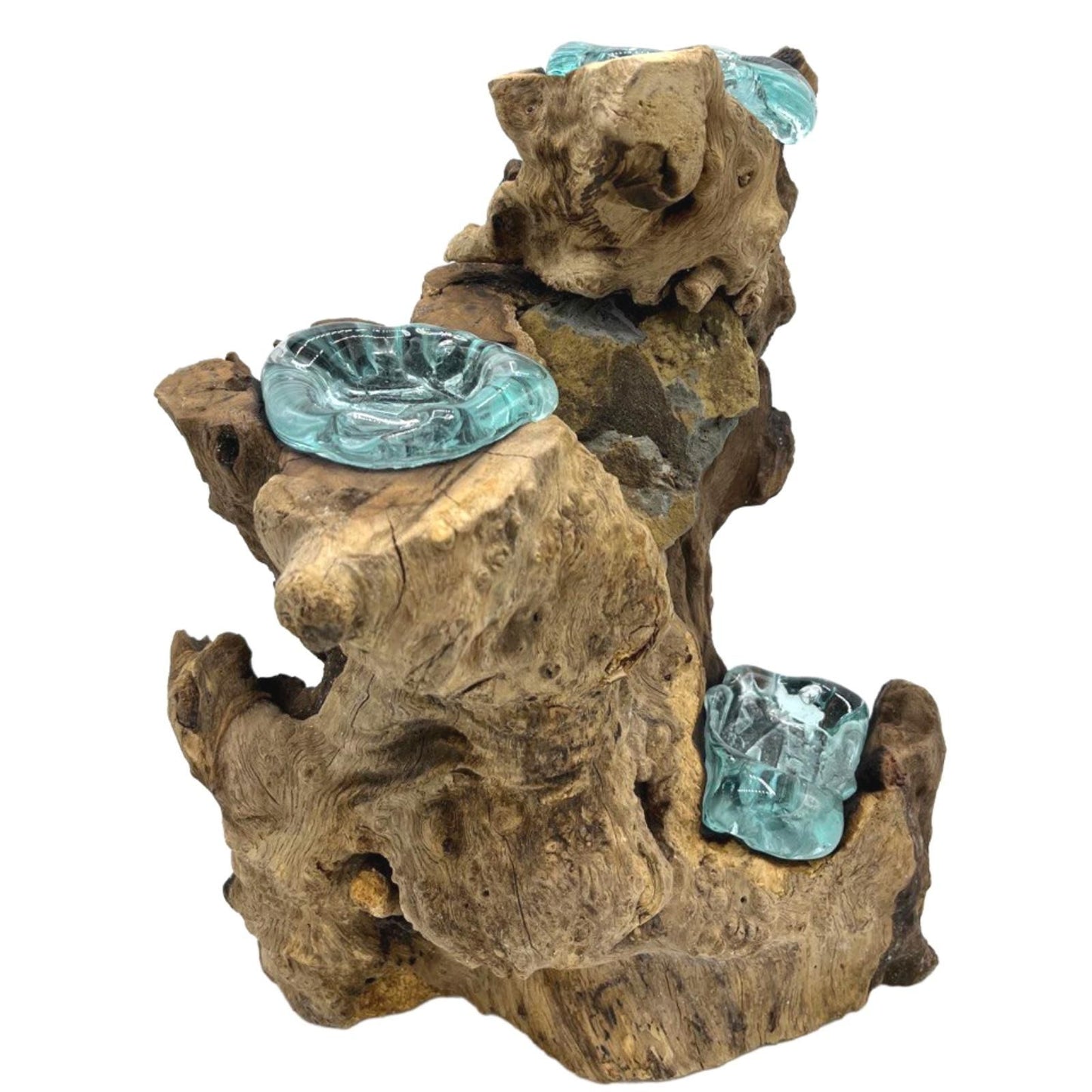 Handmade Molten Recycled Glass Candle Holder on Wood - Triple / Round / Clear / Light Blue