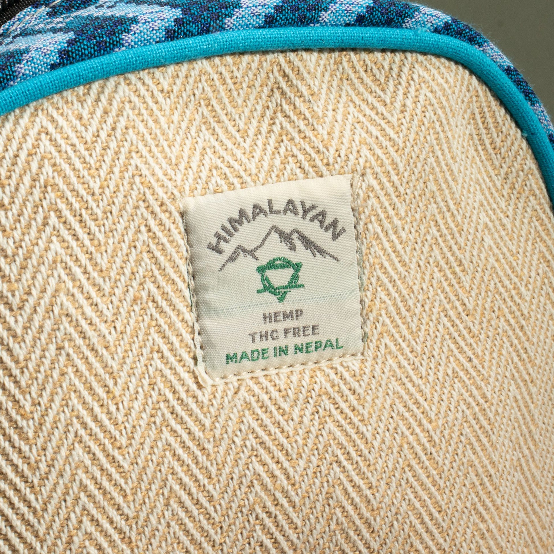 Medium Kathmandu hemp backpack with blue Dhaka design, alternate product view 5 from Quintessential Holistic Health.