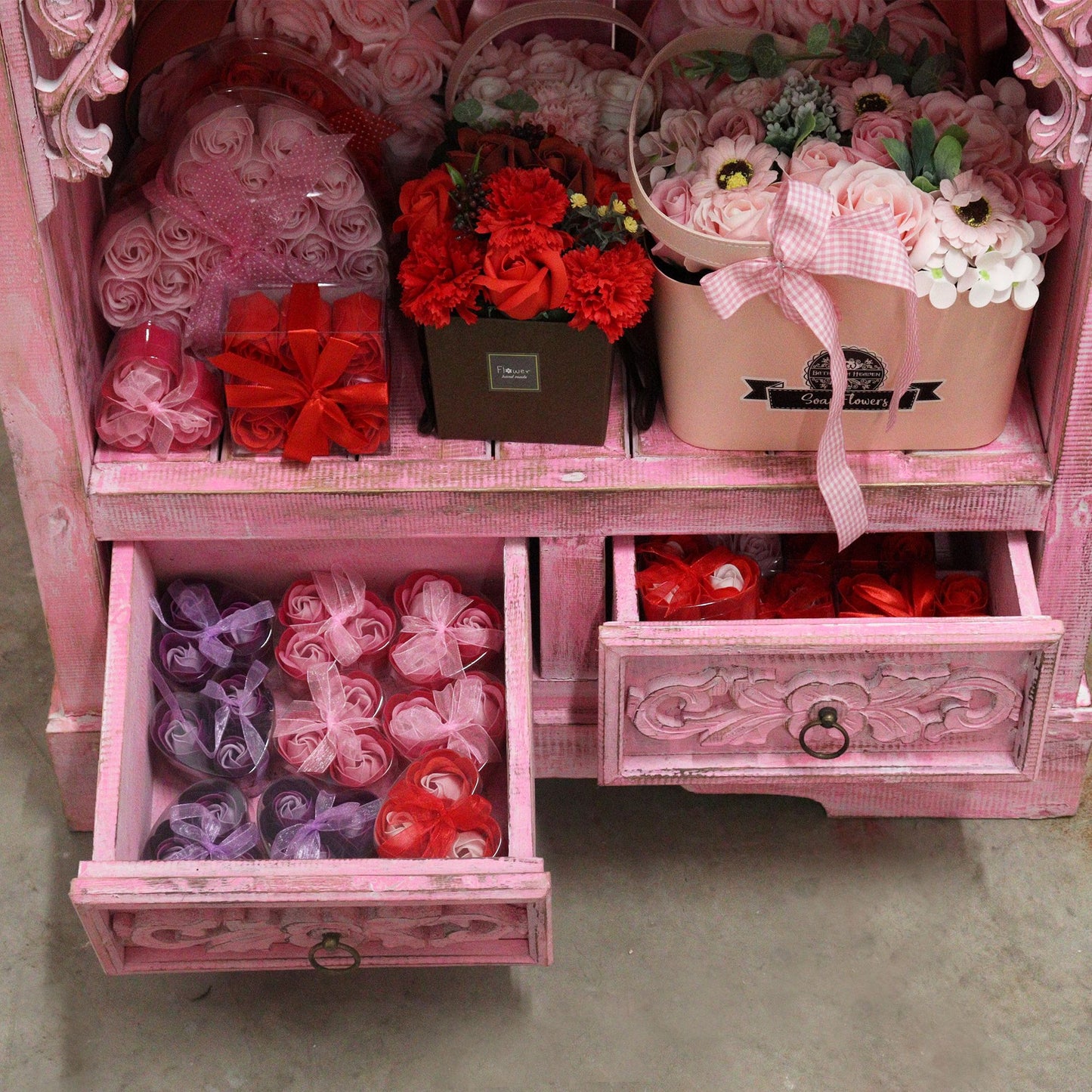 Hand Painted Albasia Wooden Bathroom Cabinet - Pinkwash