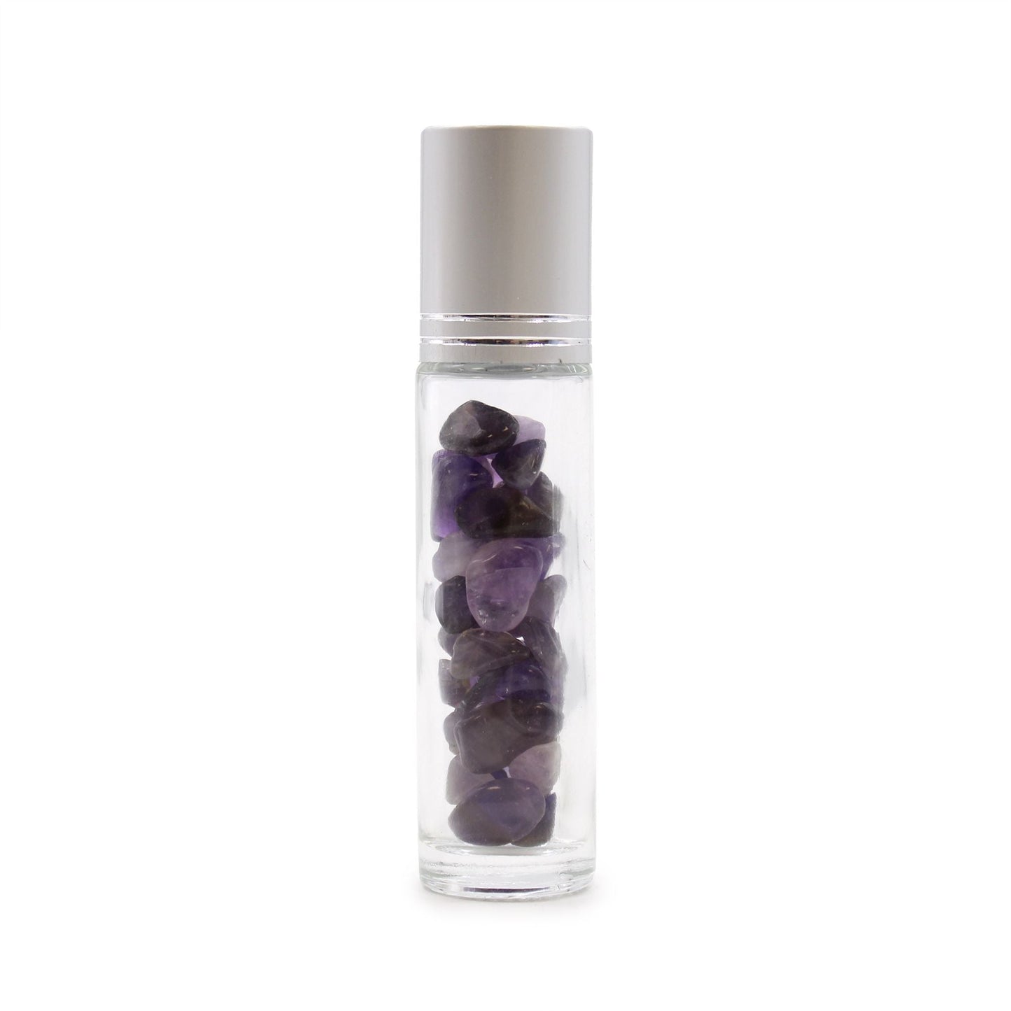 Amethyst 10ml gemstone roller bottle with silver cap and visible stone pieces, main product view from Quintessential Holistic Health.