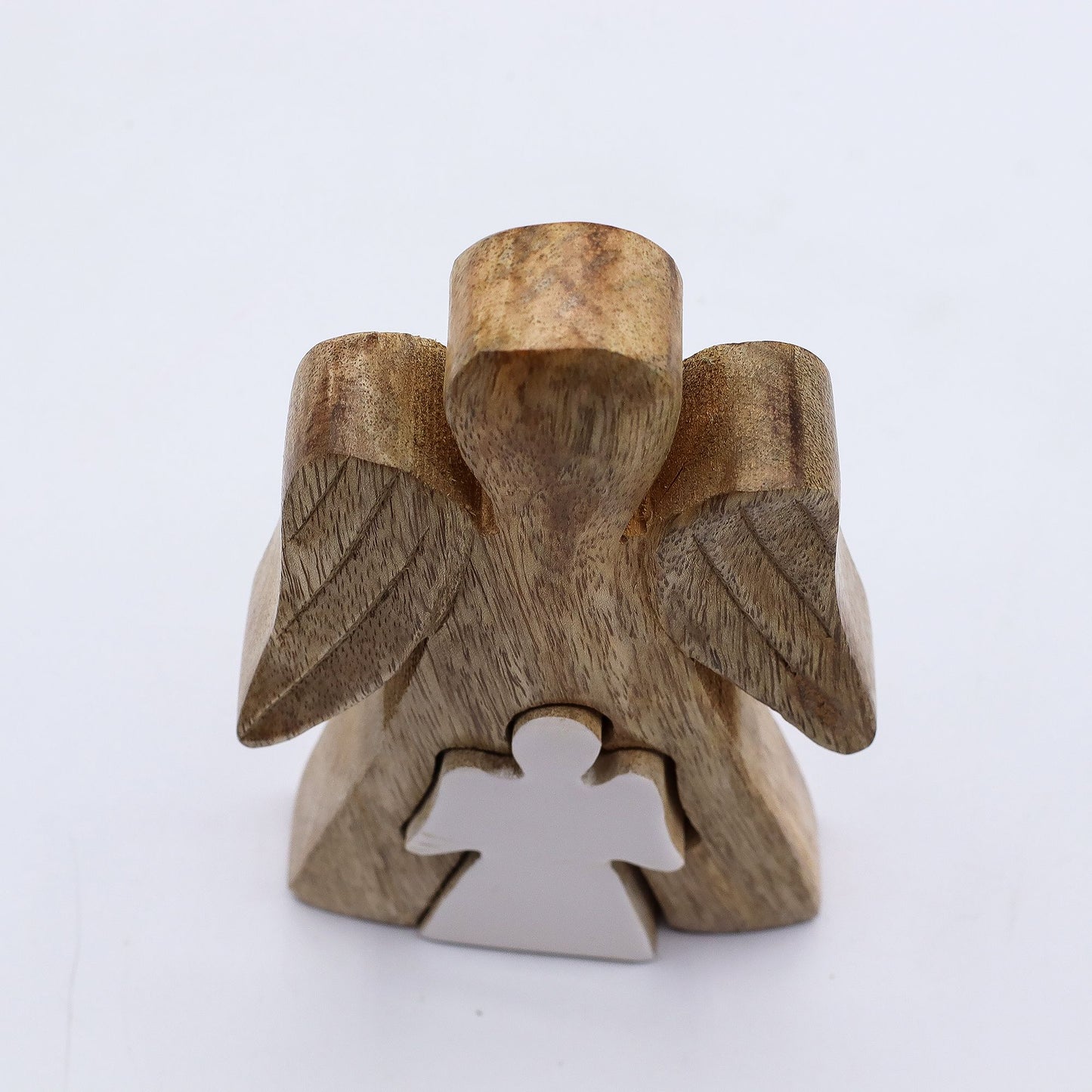 Hand Carved Mango Wooden Angel and Child - Centre / Natural / White Enamel