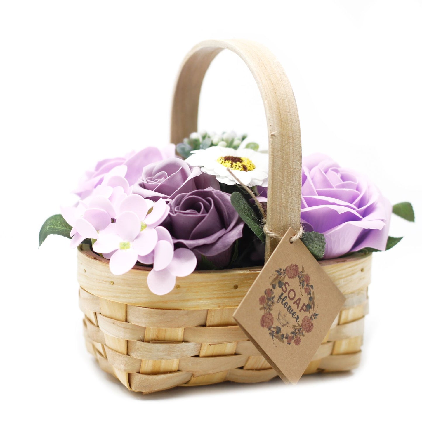Wicker Basket Soap Flower Bouquet - Medium / Lilac