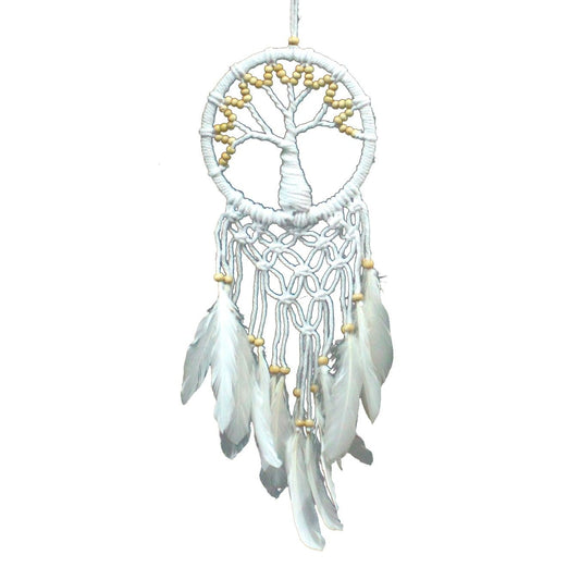 Hand Crafted Boho Style Macrame Tree of Life Dreamcatcher - Medium / White and Natural
